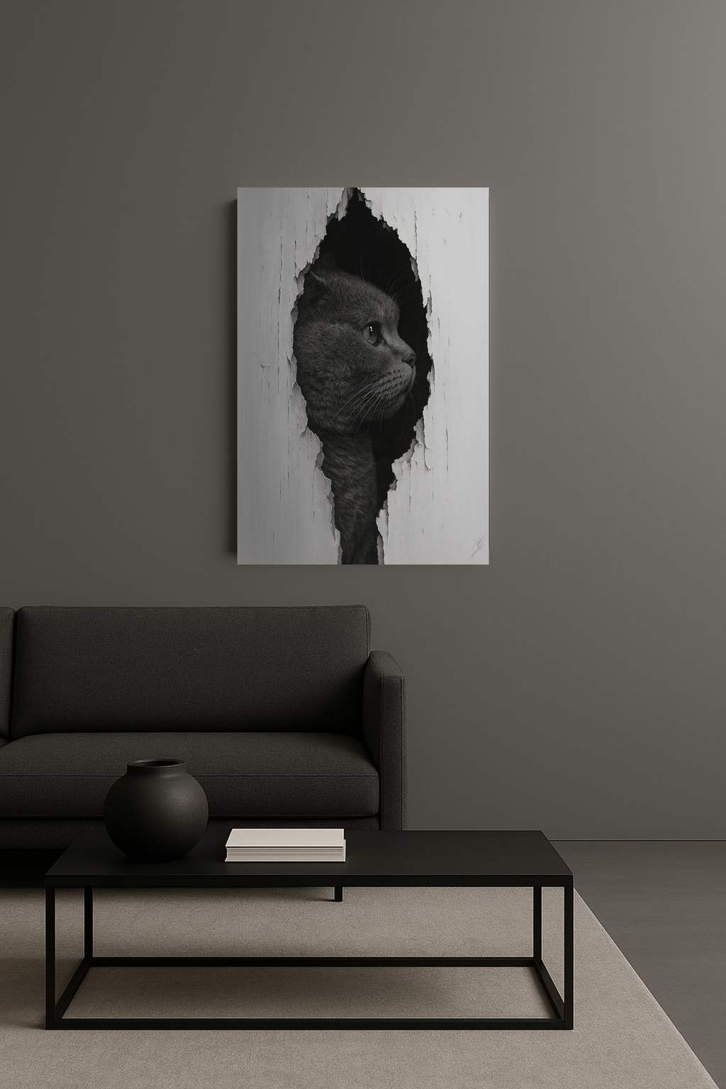 British Shorthair Noir Cat Portrait - Side Profile Canvas Wall Art
