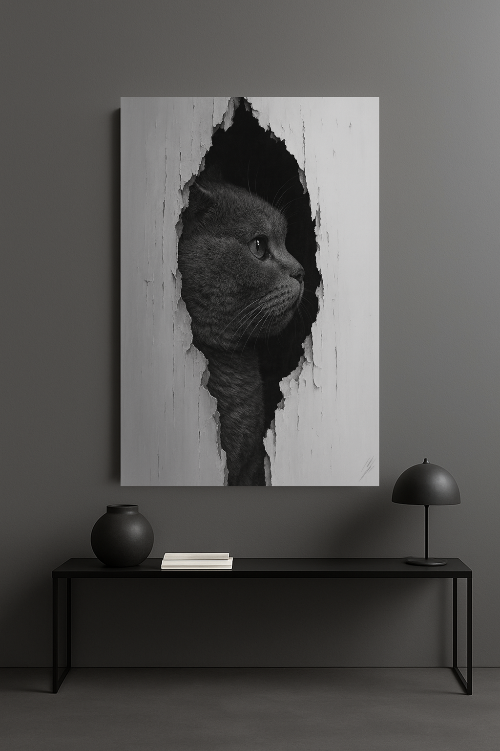 British Shorthair Noir Cat Portrait - Side Profile Canvas Wall Art