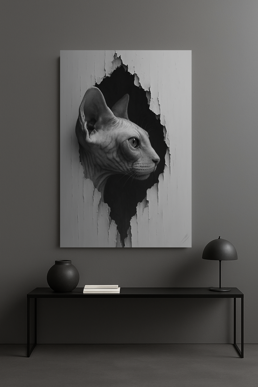 Sphynx Noir Cat Portrait - Side Profile Canvas Wall Art