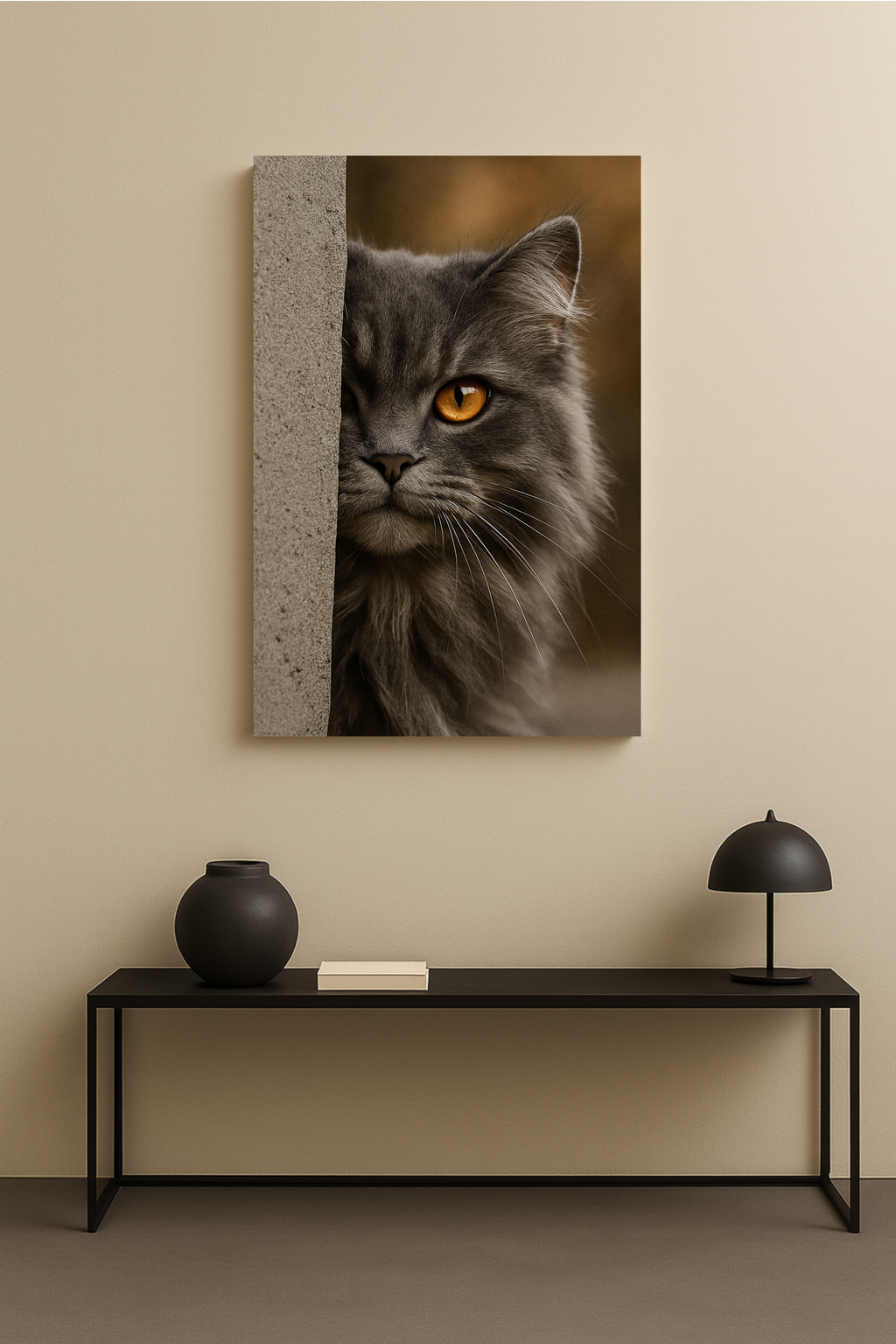 Grey Autumn Cat Portrait - Amber Eyes Canvas Wall Art