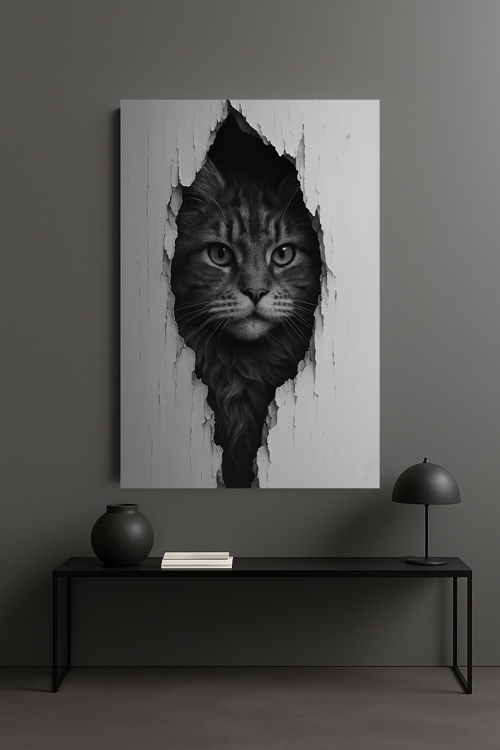 Maine Coon Noir Cat Portrait - Front View Canvas Wall Art