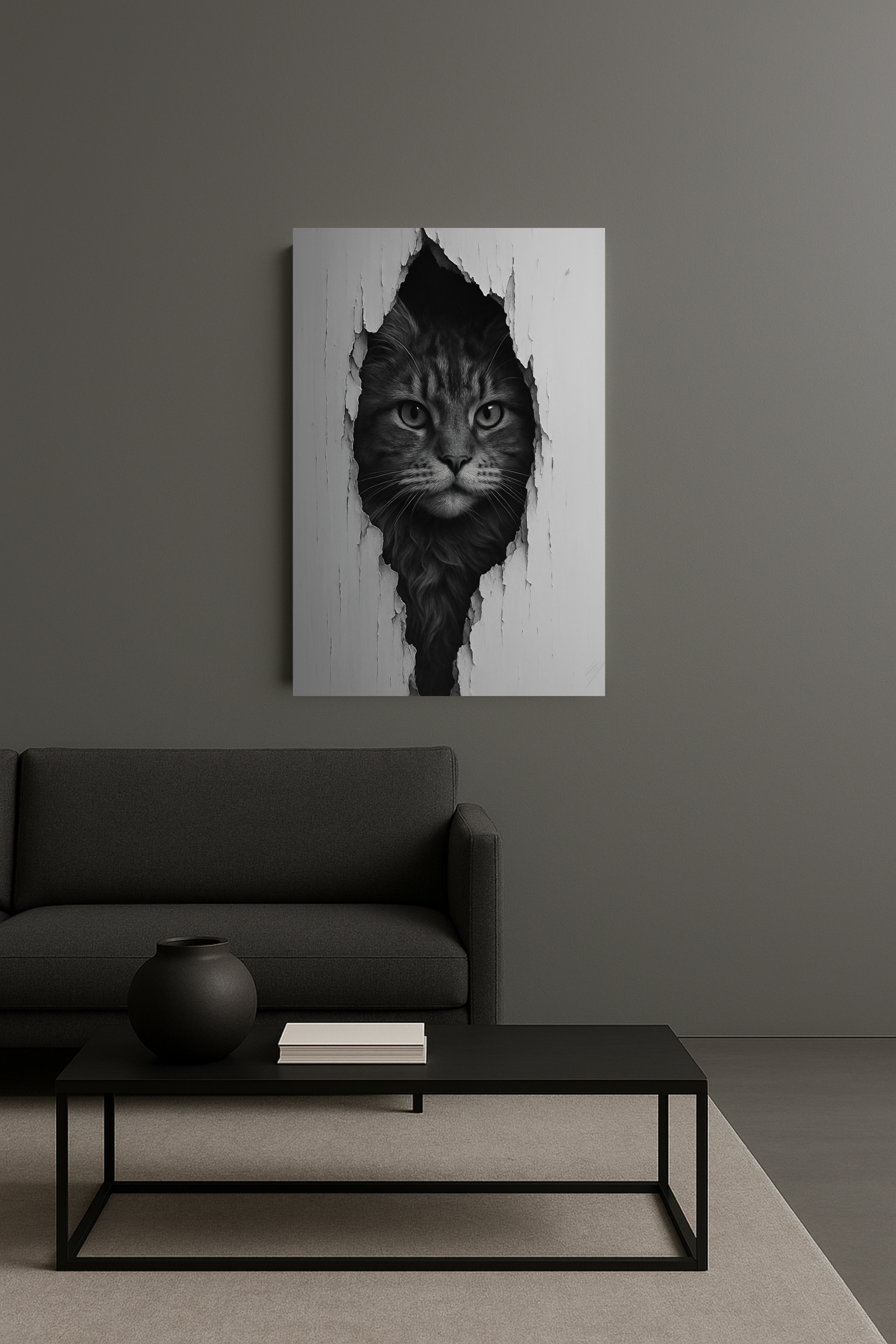 Maine Coon Noir Cat Portrait - Front View Canvas Wall Art