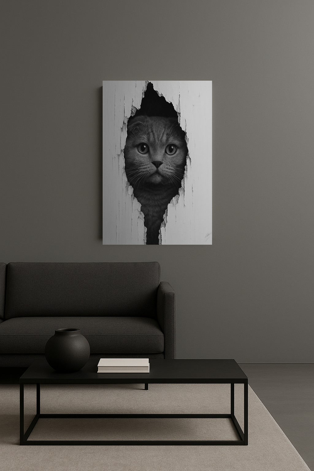 Scottish Fold Noir Cat Portrait – Front View Canvas Wall Art
