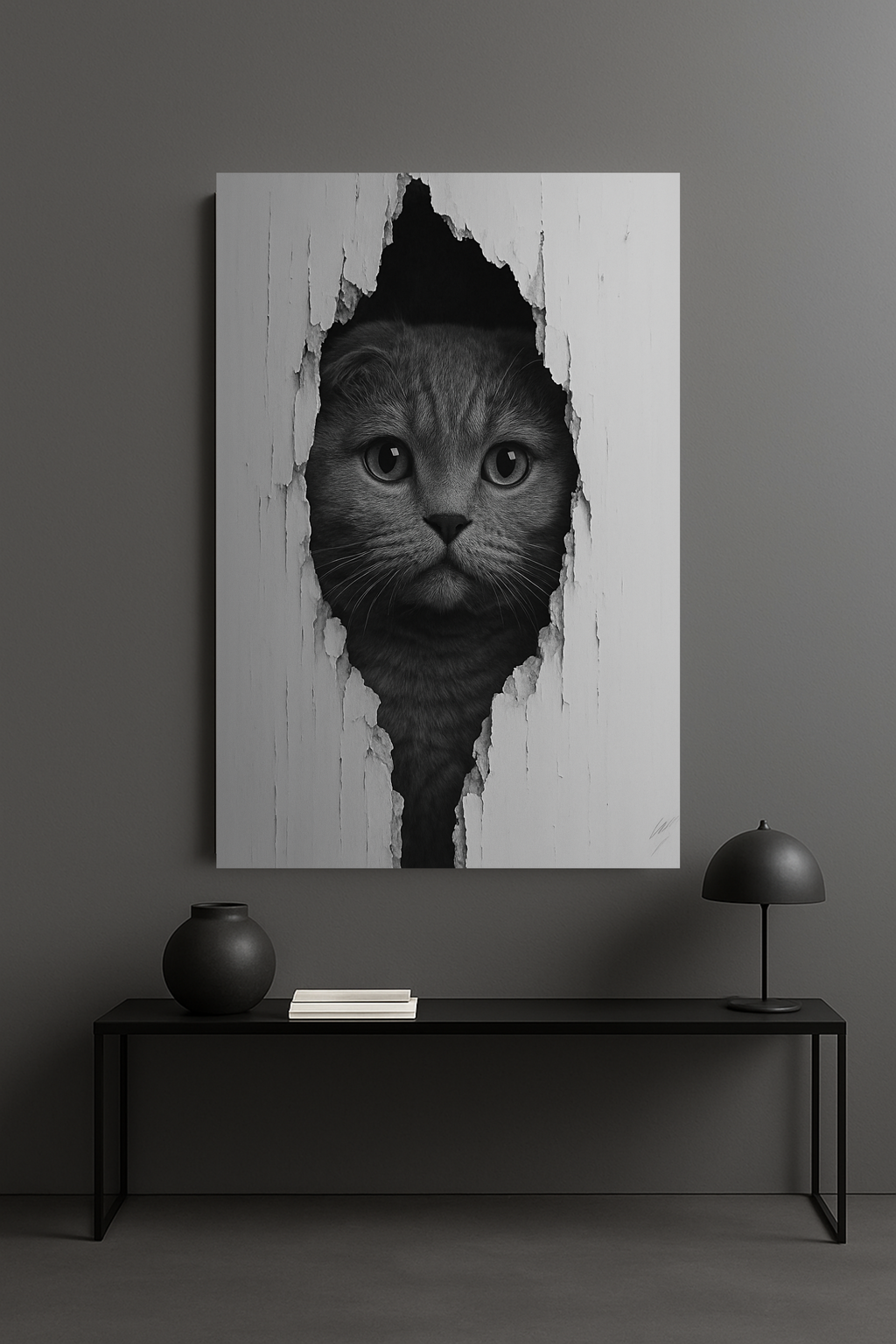 Scottish Fold Noir Cat Portrait – Front View Canvas Wall Art