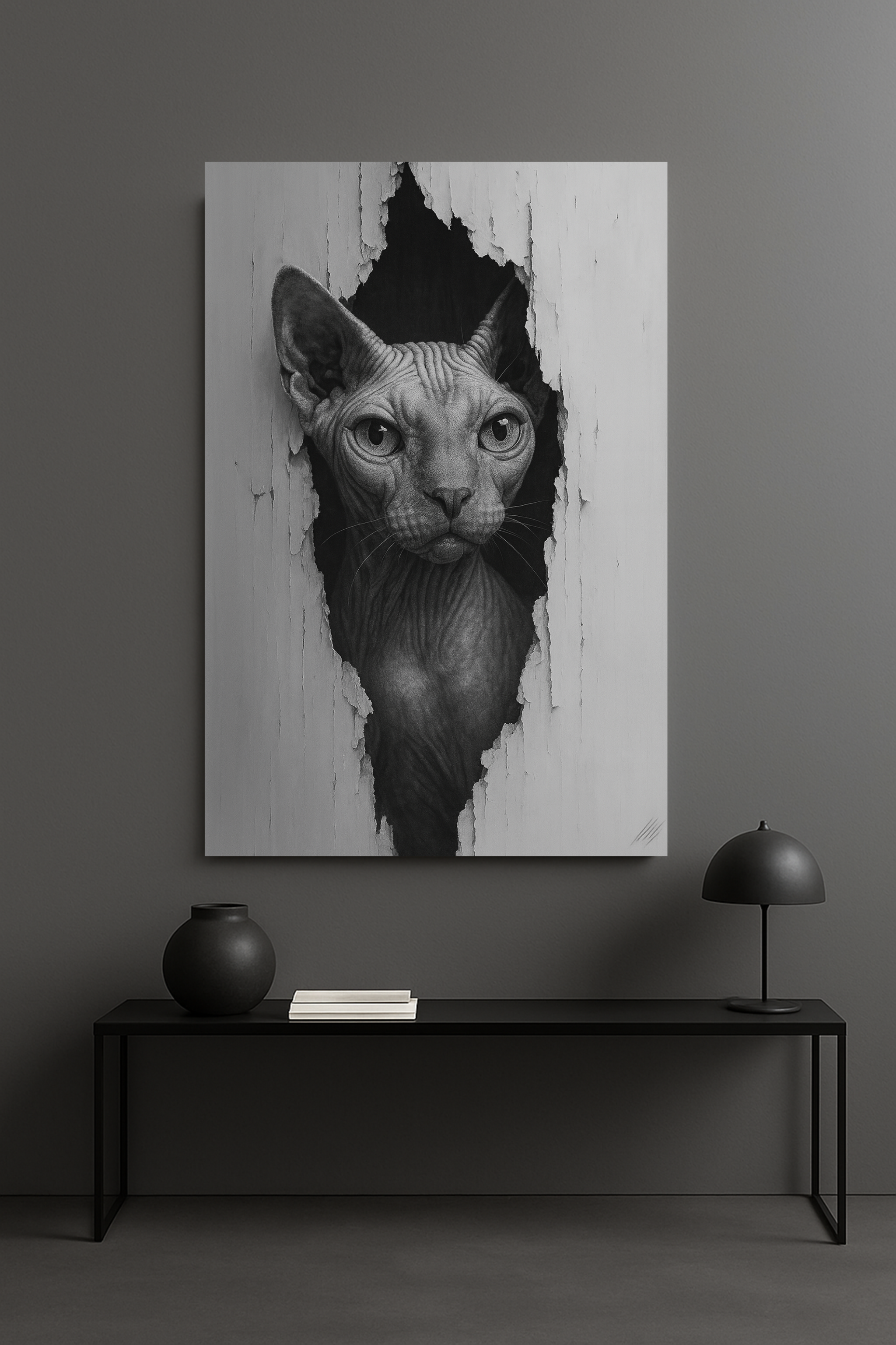 Sphynx Noir Cat Portrait - Front View Canvas Wall Art