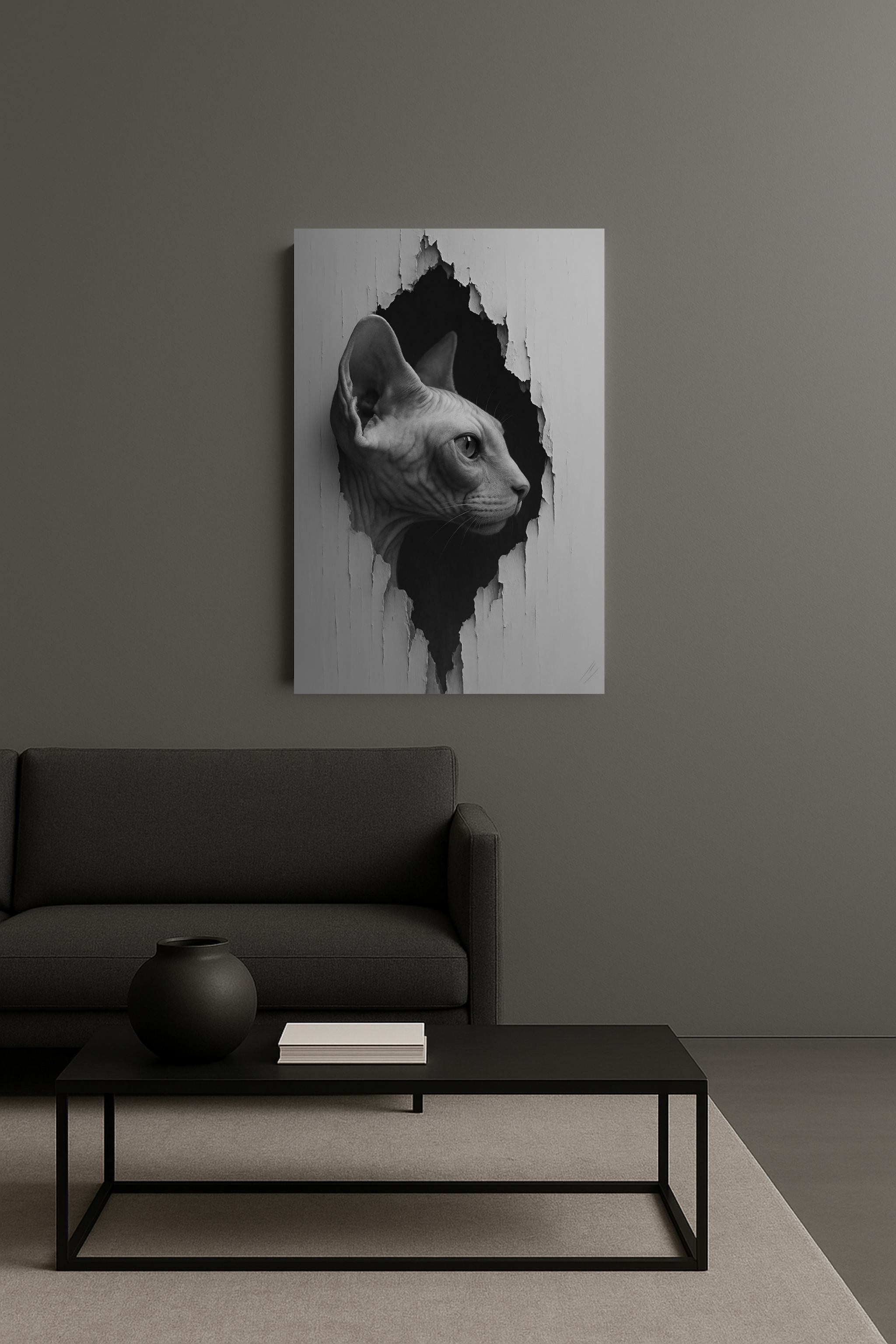 Sphynx Noir Cat Portrait - Side Profile Canvas Wall Art