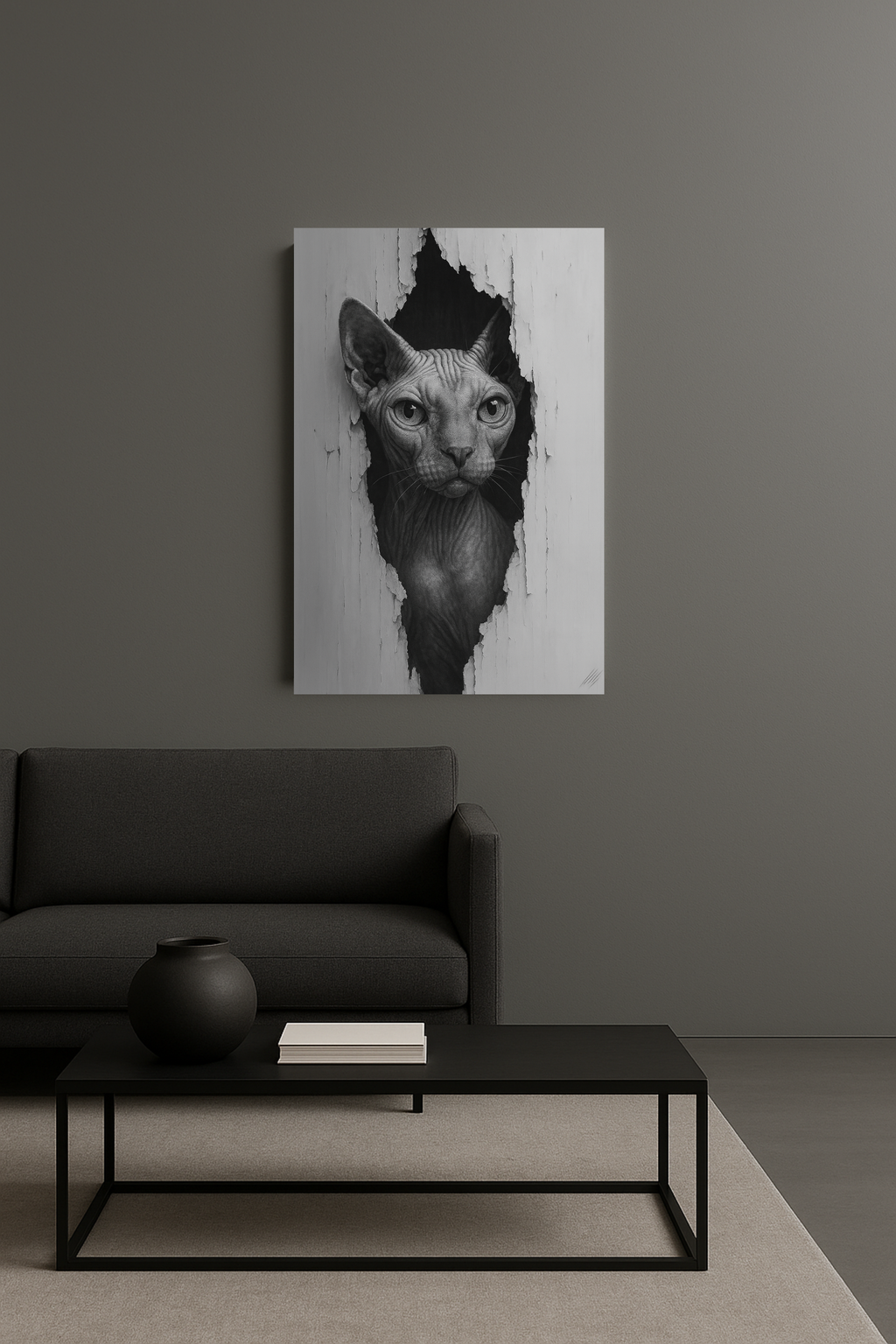 Sphynx Noir Cat Portrait - Front View Canvas Wall Art