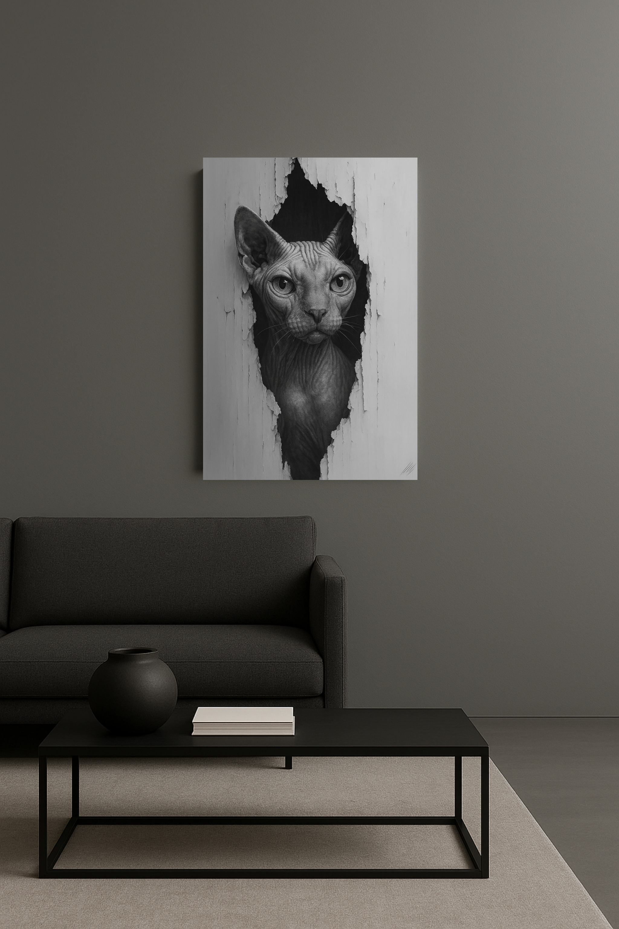 Sphynx Noir Cat Portrait - Front View Canvas Wall Art