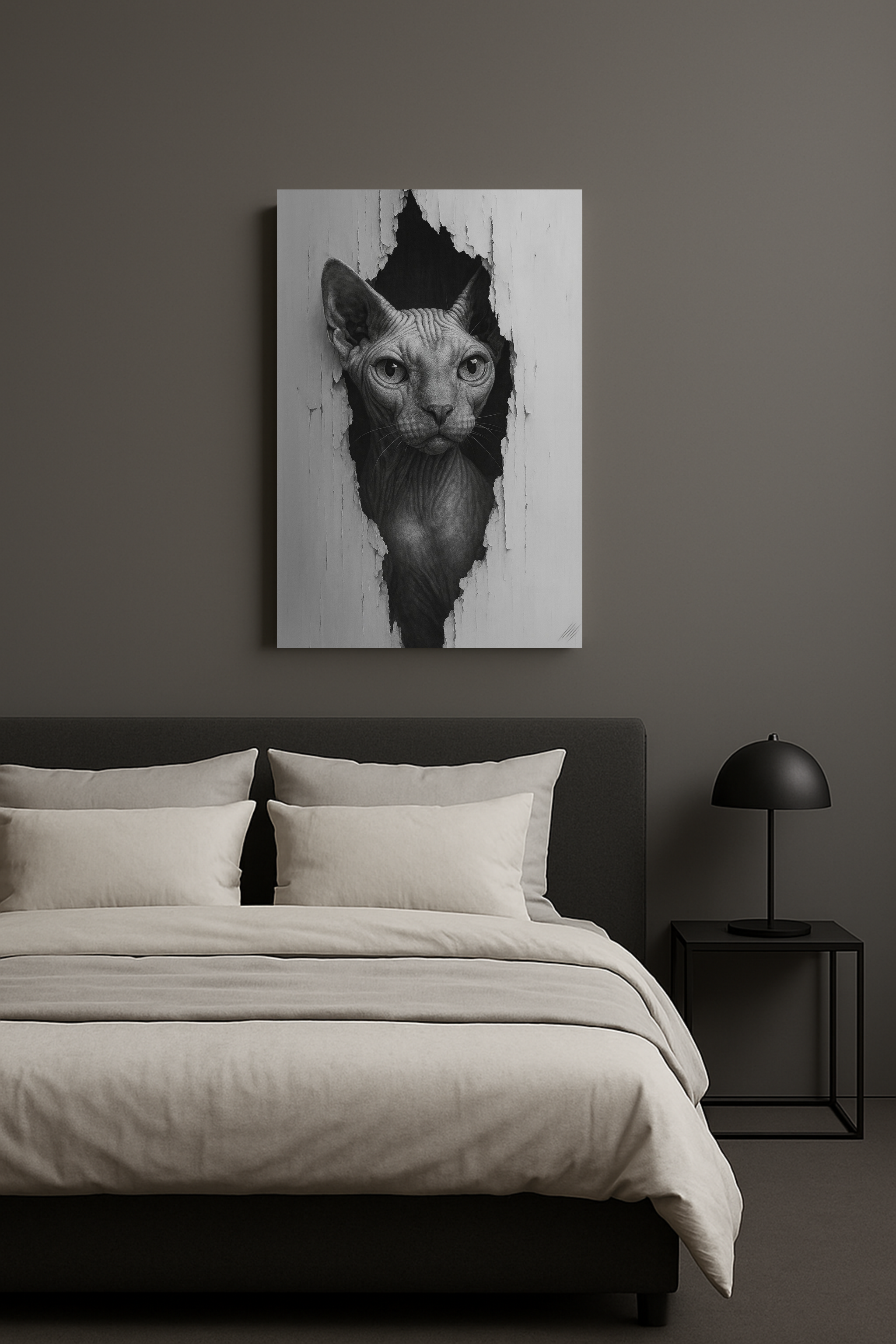 Sphynx Noir Cat Portrait - Front View Canvas Wall Art